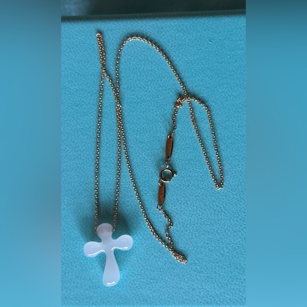 Tiffany & Co. Elsa Peretti White Jade Cross Necklace 18k Yellow Gold .